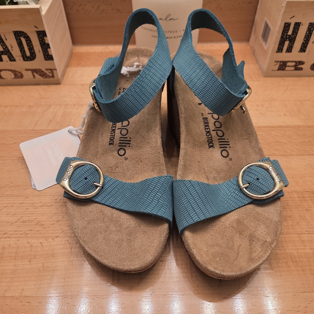 Birkenstock Papillio Sibyl Embossed Leather Wedge Sandals Biscay Bay Size 37 NEW - Picture 2 of 10